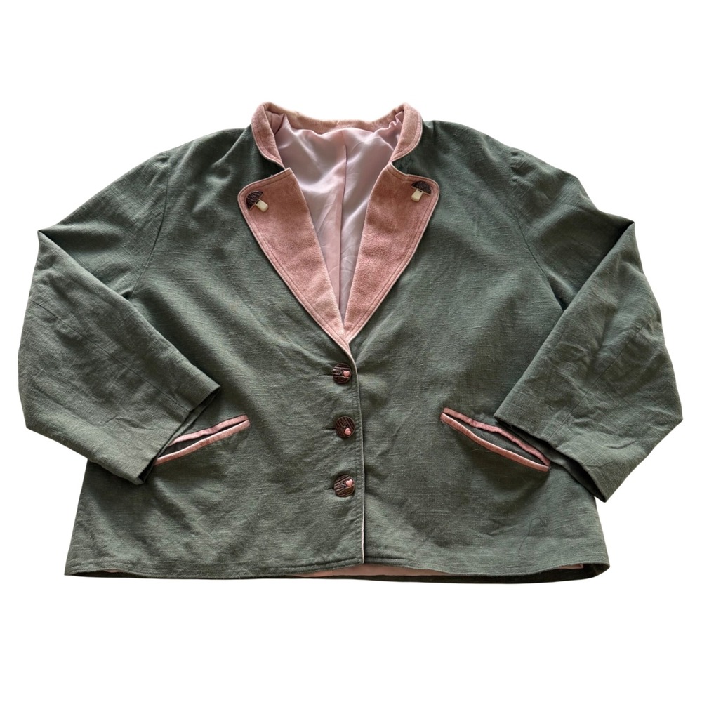 Yessica Blazer Women 44 Sage Green Pink Linen Blend Heart Button Vintage Jacket
